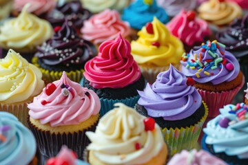 Many different colored delicious cupcakes