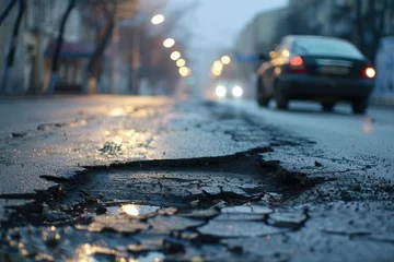 Fotobehang Old damaged asphalt pavement road with potholes in city. Car stopped near pothole © Lubos Chlubny