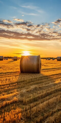 Golden Summer Harvest: A Serene Landscape of Abundant Crops and Rustling Hay Bales Illuminated by the Setting Sun in the Rural Countryside.