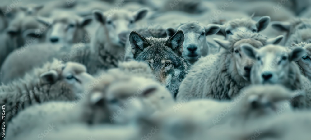 Wall mural A wolf hiding among a flock of sheep, leading the way or waiting for the right moment to act