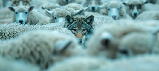 A wolf hiding among a flock of sheep, leading the way or waiting for the right moment to act - obrazy, fototapety, plakaty