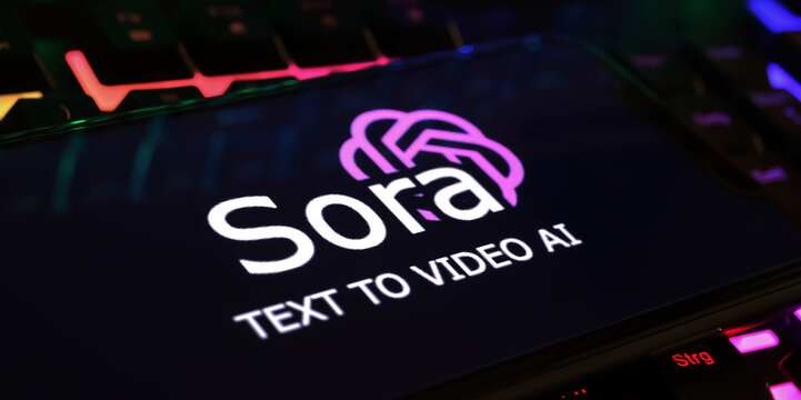 Viersen, Germany - March 1. 2024: Closeup of smartphone screen with logo lettering of Sora text to video AI creator on computer keyboard