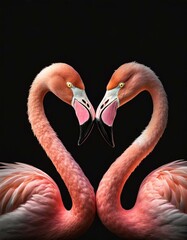 Two pink flamingos forming heart shape with their necks on black background