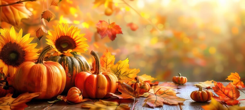 Autumn background from fallen leaves and pumpkins on wooden vintage table. Autumn concept with red-yellow leaves background. Thanksgiving pumpkins.
