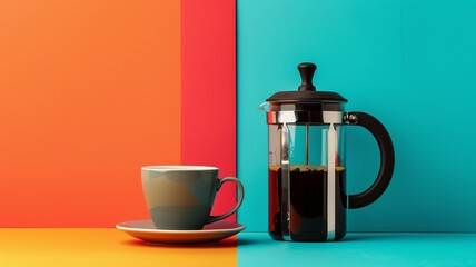 A cup of coffee next to a French press in a minimal style. Coffee break. Morning ritual