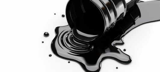 Environmental pollution, fossil fuel production and greenhouse gas concept theme with oil barrels and black pool of toxic petroleum spilled leaking from a barrel isolated on white background