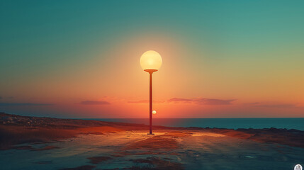 The lonely lantern close to the sea on the sunset