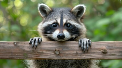a close up of a raccoon holding on to a piece of wood with it's eyes wide open.