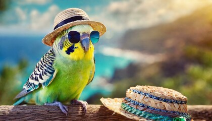 budgie in sunglasses and hat prepares for summer - obrazy, fototapety, plakaty