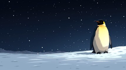 Fototapeta premium a penguin standing in the middle of a snow covered field with a night sky in the background and stars in the sky.