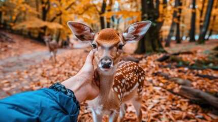 a deer is being petted by a person in a blue jacket in a wooded area with leaves on the ground.