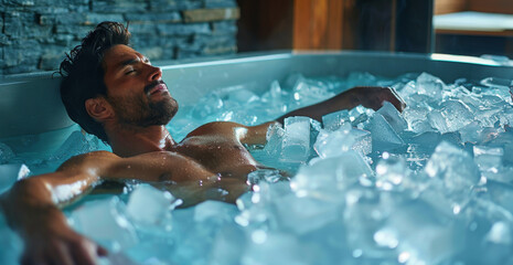Cold therapy concept. Man bathing in cold water among ice cubes. Boost the immune system and improve mental health. Generative ai