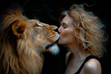 Girl kisses a lion