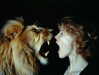Woman roars at a lion, woman with lion