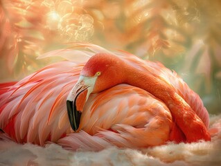 Tranquil Flamingo Nap - Graceful Resting Pose - Soft Golden Lighting - Flamingo Peacefully Dozing Off, Pink Feathers Radiant in the Golden Rays, Creating a Picture of Tranquility