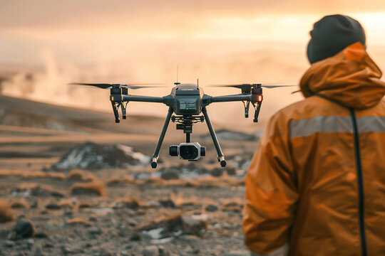 An operator navigates a drone, documenting events, filming cinematic shots, and assisting in search and rescue missions.