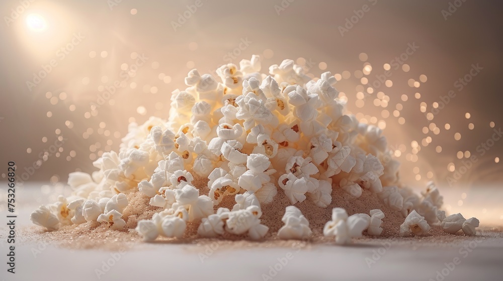 Poster a pile of popcorn sitting on top of a table next to a pile of popcorn on top of a table.