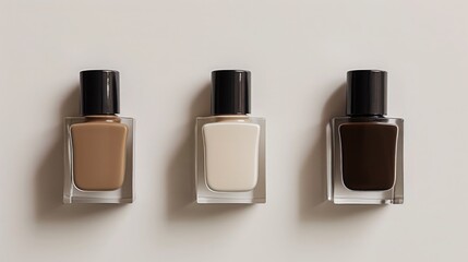 Frontal view of nail polish bottles standing on a pure white background, each filled with a different shade of beige.