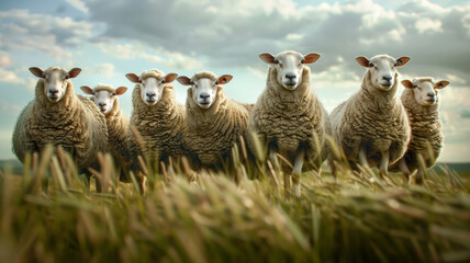 Rebaño de ovejas en el campo, sobre fondo de cielo azul con nubes grises al atardecer - obrazy, fototapety, plakaty