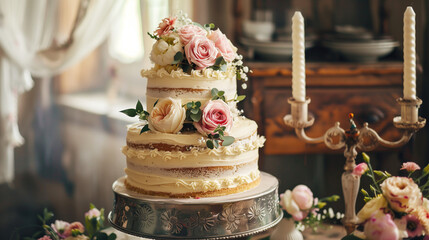 Classic wedding cake decorated with pink flowers - Powered by Adobe