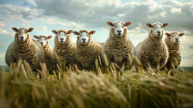Rebaño de ovejas en el campo, sobre fondo de cielo azul con nubes grises al atardecer