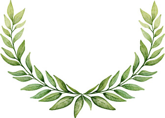 A watercolor illustration of a green laurel wreath, forming a semi-circle, isolated on a black background. Symbol of victory, peace, and achievement. Elegant and classic.