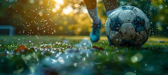 Player kicking football on grass near water, enjoying leisure time - Powered by Adobe