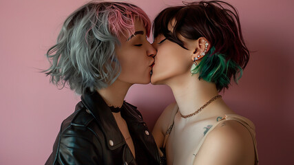 LGBTQ young woman couple kissing, romantic scene, colored hairs, young lesbians iis hugging - obrazy, fototapety, plakaty