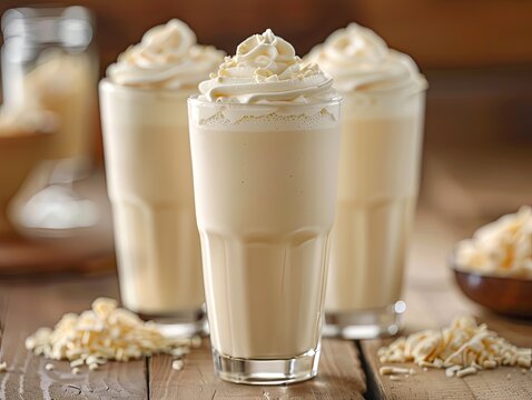 Vanilla Milkshake Indulgence - Creamy Shake with Whipped Cream - Velvety Texture Gliding Down the Glass - A Luscious Delight for Your Taste Buds