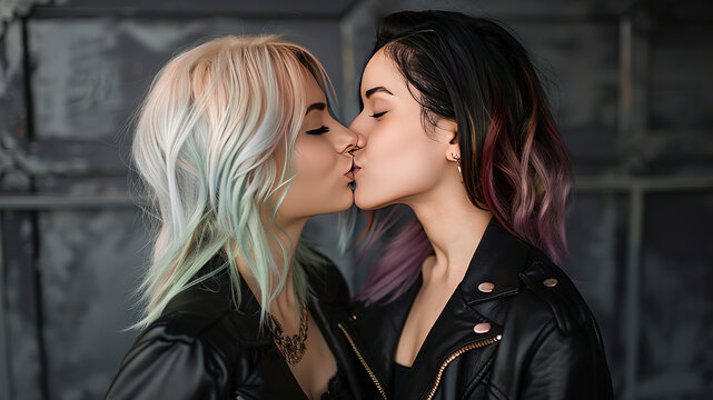 LGBTQ young woman couple kissing, romantic scene, colored hairs, young lesbians iis hugging