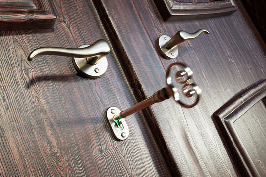 Intricate Vintage Key in Lock of Classic Wooden Door with Modern Twist