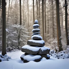A stone cairn covered with snow in a winter forest 