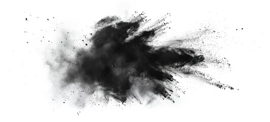 Black powder explosion isolated on white background, charcoal like particles concept.