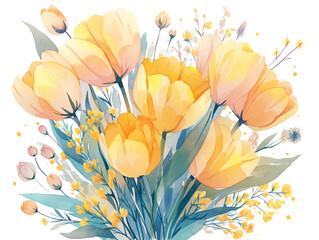 Naklejka premium Illustration of spring tulips bouquet in style of watercolor on white