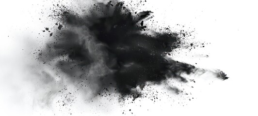 Black powder explosion isolated on white background, charcoal like particles concept. - obrazy, fototapety, plakaty