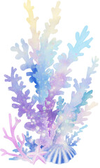 A whimsical watercolor illustration of fantasy sea coral in pastel shades of blue, purple, and pink, with a seashell and starfish at its base, against a black background. Dreamy, magical, nderwater.