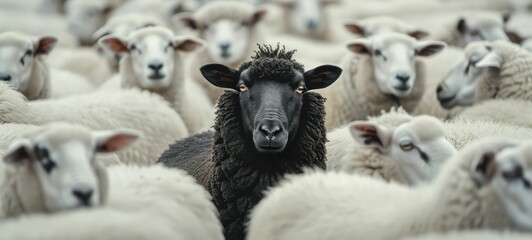 black sheep among a flock of white sheep, raising head as a leader - obrazy, fototapety, plakaty