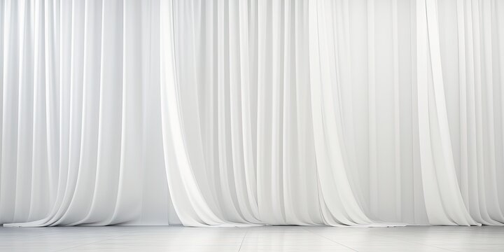 White curtain standing alone on white backdrop.