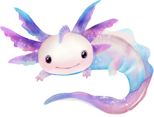 Watercolor Fantasy Axolotl Illustration of a fantasy axolotl in shades of pink and purple, set against a white background. Ideal for whimsical designs, children's decor, and digital art projects.