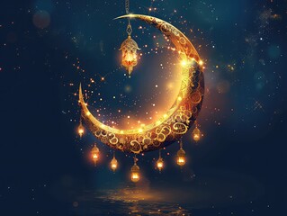 Obraz na płótnie Canvas Ramadan Kareem Radiance - Radiant Banner Design with Gleaming Golden Crescent Moon - Intricate Patterns and Decorations, Emanating Warmth and Spirituality