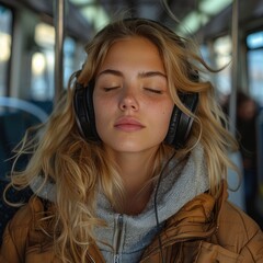 Blonde woman listening to music with headphones while traveling