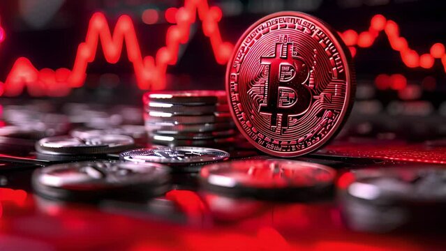Bitcoin with red chart down. Crypto and Bitcoin cryptocurrency stock trading background concept. Golden bitcoin over many international money coins with abstract trading red market data chart 4k video
