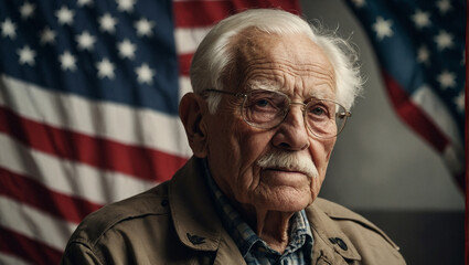 elderly veteran war hero senior male old man on the background of the American flag
