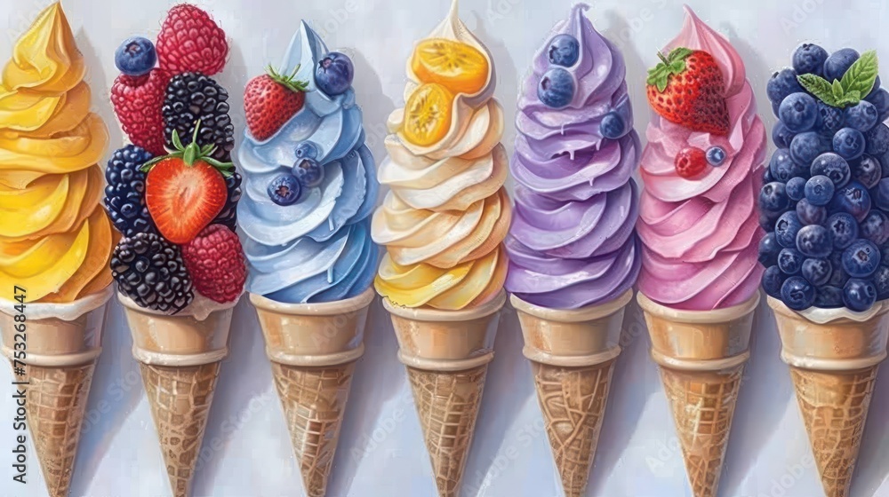 Aufkleber a group of five ice cream cones with different toppings on top of each of the cones, each of which h