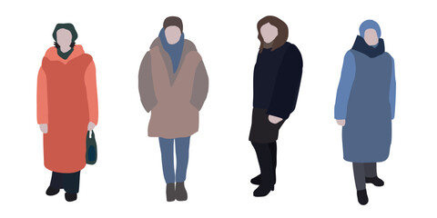 2D image for use as an entourage. Vector flat city infographics. Flat graphic image of a girl in winter clothes
