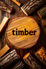 a timber sign made of wood surrounded by lumber