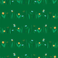 Cute flowers on a green background. Spring seamless pattern. Vector illustration in flat modern style.