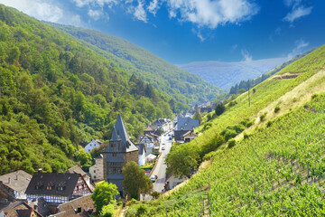 narrow road in gorge among old houses, watchtowers and vineyards in Middle Rhine valley above town...