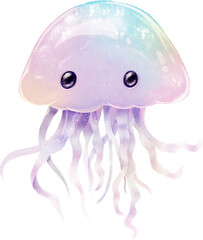 Watercolor Cute Jellyfish Illustration. A charming watercolor illustration of a cute, iridescent jellyfish with big, expressive eyes and delicate tentacles. Perfect for children's books, nursery decor