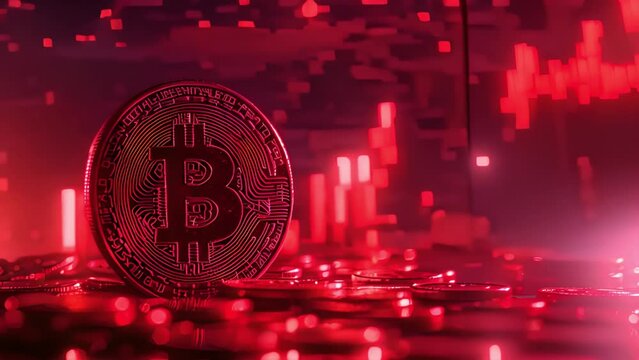 Bitcoin with red chart down. Crypto and Bitcoin cryptocurrency stock trading background concept. Golden bitcoin over many international money coins with abstract trading red market data chart 4k video